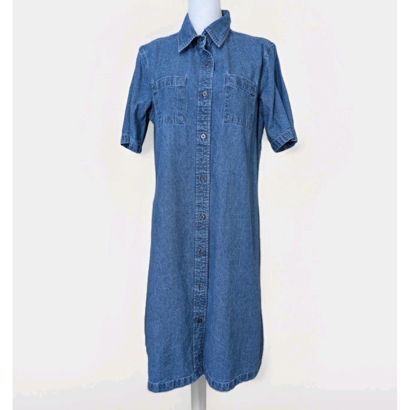 Vermont Country Store Denim Shirt Dress L Blue Midi Short Sleeve Pockets
